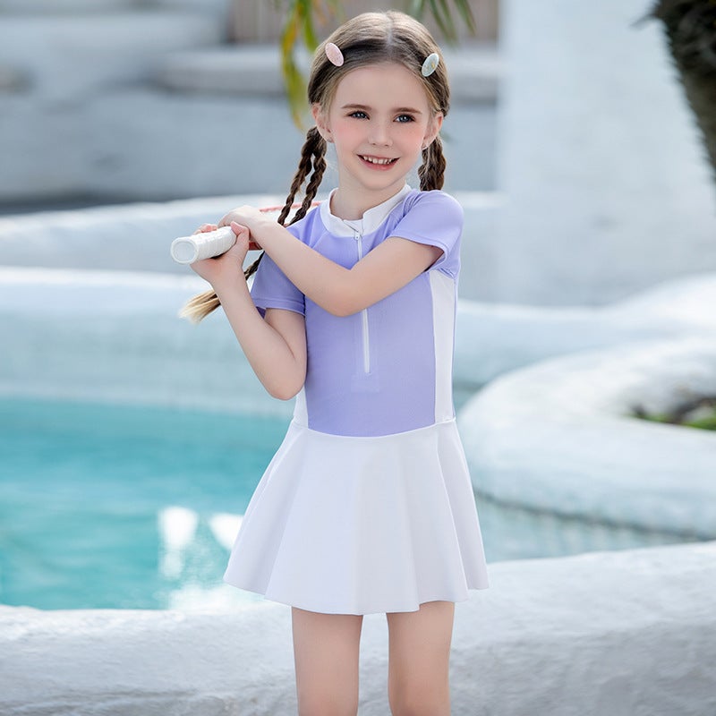 Contrast Color Kidsren'S Swimsuit, Cute Girl'S One-Piece Skirt Style, Conservative Small And Medium-Sized Girl'S Baby, Infant Girl'S Swimsuit - Image 3